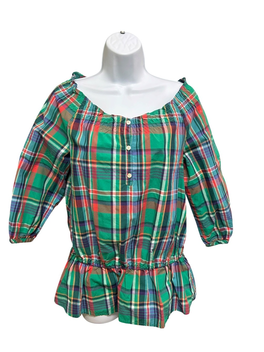 Chaps Green Plaid Drop Waist Peplum 3/4 Sleeve Top Size XL